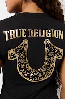 METALLIC FLORAL HORSESHOE V NECK TEE, image 1