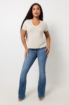 METALLIC FLORAL HORSESHOE V NECK TEE, image 3