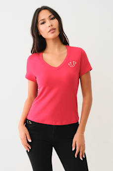 METALLIC FLORAL HORSESHOE V NECK TEE, image 2