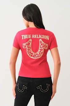 METALLIC FLORAL HORSESHOE V NECK TEE, image 1