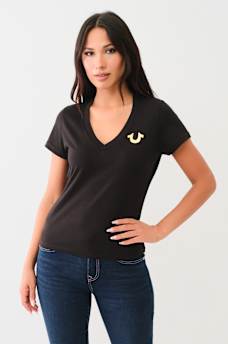 METALLIC SCRIPT LOGO V NECK TEE, image 2