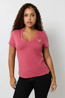 METALLIC SCRIPT LOGO V NECK TEE, image 2