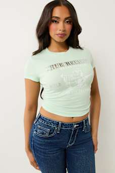 RUCHED METALLIC LOGO BABY TEE, image 3