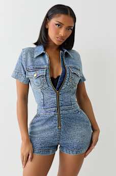 DENIM SHORT ROMPER, image 1