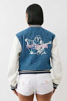 DENIM BUDDHA VARSITY JACKET, image 1