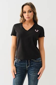 TROPICAL DENIM HORSESHOE V NECK TEE, image 2