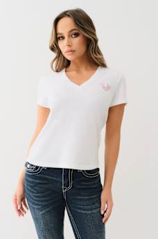 TROPICAL DENIM HORSESHOE V NECK TEE, image 2