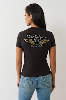 CRYSTAL WINGED HORSESHOE V NECK TEE, image 5