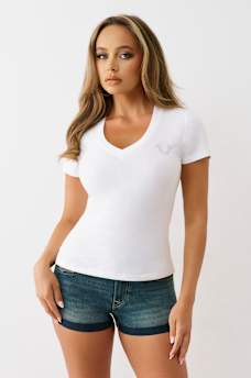 CRYSTAL WINGED HORSESHOE V NECK TEE, image 2