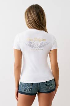 CRYSTAL WINGED HORSESHOE V NECK TEE, image 5
