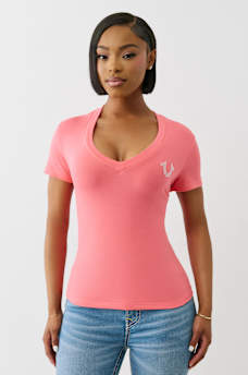 CRYSTAL WINGED HORSESHOE V NECK TEE, image 2