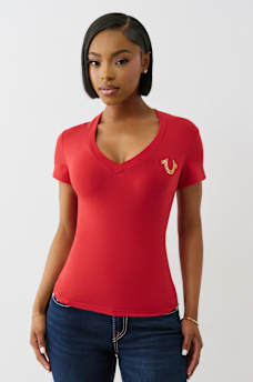 CRYSTAL WINGED HORSESHOE V NECK TEE, image 2