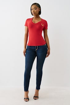 CRYSTAL WINGED HORSESHOE V NECK TEE, image 3