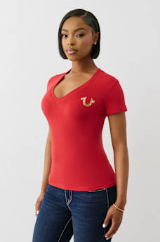 CRYSTAL WINGED HORSESHOE V NECK TEE, image 4