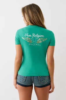 CRYSTAL WINGED HORSESHOE V NECK TEE, image 5