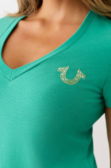 CRYSTAL WINGED HORSESHOE V NECK TEE, image 6