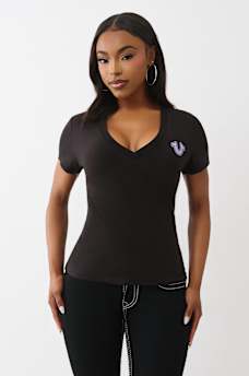 CRUSHED CRYSTAL HORSESHOE V NECK TEE, image 2
