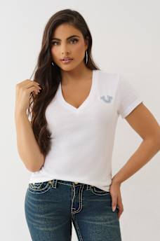 CRUSHED CRYSTAL HORSESHOE V NECK TEE, image 2