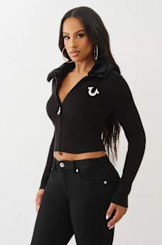 RIBBED FAUX FUR ZIP SWEATER, image 4