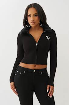 RIBBED FAUX FUR ZIP SWEATER, image 1