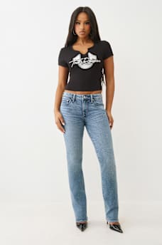 CAMISETA CORTA CON ABERTURA EN V Y HERRADURA CON BRILLO, image 3