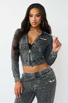 HORSESHOE WING FAUX DENIM HOODIE, image 2