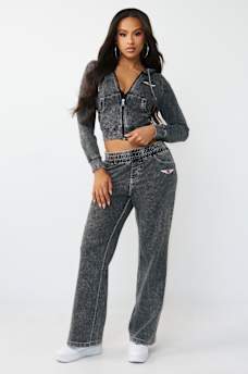 HORSESHOE WING FAUX DENIM HOODIE, image 3