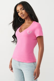CRYSTAL HORSESHOE V-NECK TEE, image 4