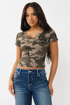 CAMISETA CORTA CON ABERTURA Y CAMUFLAJE CON CRISTALES, image 3