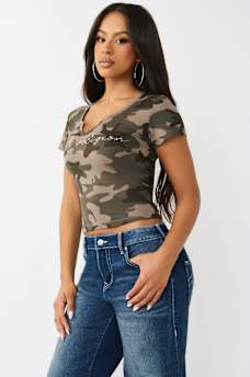 CAMISETA CORTA CON ABERTURA Y CAMUFLAJE CON CRISTALES, image 4