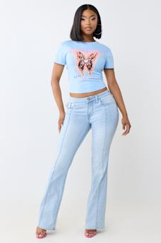 BECCA MID RISE SEAMED FLAP BOOTCUT JEAN