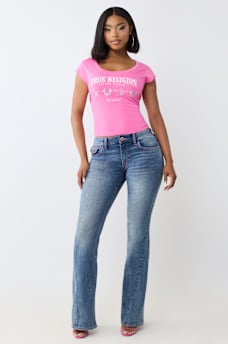 JOEY MID RISE HORSESHOE LADDER STITCH FLAP FLARE JEAN