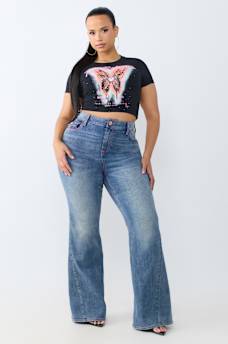 PLUS JOEY MID RISE HORSESHOE LADDER STITCH FLAP FLARE JEAN