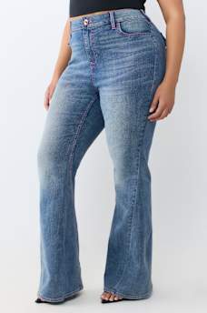 PLUS JOEY MID RISE HORSESHOE LADDER STITCH FLAP FLARE JEAN