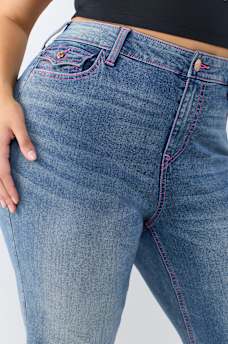 PLUS JOEY MID RISE HORSESHOE LADDER STITCH FLAP FLARE JEAN