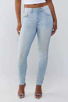 JENNIE MID RISE CRYSTAL HORSESHOE FLAP CURVY SKINNY JEAN