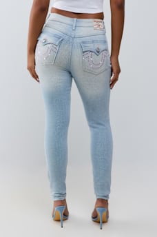JENNIE MID RISE CRYSTAL HORSESHOE FLAP CURVY SKINNY JEAN