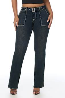 BECCA MID RISE PATCH BELT BOOTCUT JEAN