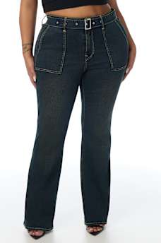 PLUS BECCA MID RISE PATCH BELT BOOTCUT JEAN