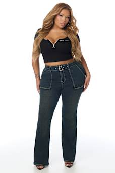 PLUS BECCA MID RISE PATCH BELT BOOTCUT JEAN