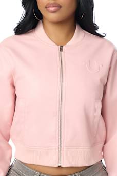 WING EMBOSSED FAUX LEATHER BOMBER JACKET