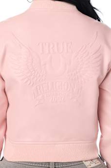 WING EMBOSSED FAUX LEATHER BOMBER JACKET