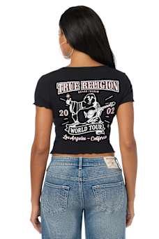 CAMISETA BABY TEE DE BUDA CON CUELLO REDONDO ACANALADA Y FRUNCIDA