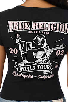 CAMISETA BABY TEE DE BUDA CON CUELLO REDONDO ACANALADA Y FRUNCIDA