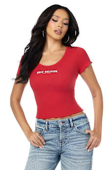 CAMISETA BABY TEE DE BUDA CON CUELLO REDONDO ACANALADA Y FRUNCIDA