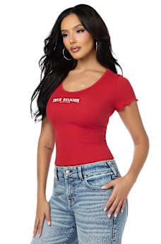 CAMISETA BABY TEE DE BUDA CON CUELLO REDONDO ACANALADA Y FRUNCIDA