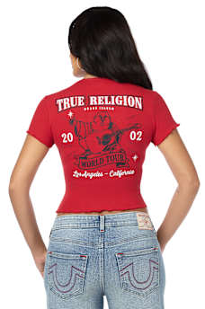 CAMISETA BABY TEE DE BUDA CON CUELLO REDONDO ACANALADA Y FRUNCIDA