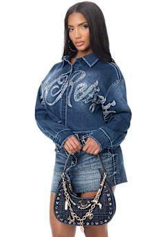 CHAIN AND STUDS DENIM HOBO SHOULDER BAG