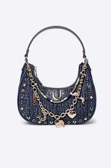 CHAIN AND STUDS DENIM HOBO SHOULDER BAG