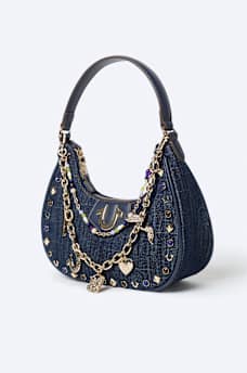 CHAIN AND STUDS DENIM HOBO SHOULDER BAG